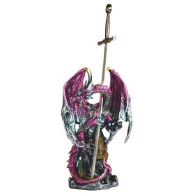 18"H Purple Dragon with Sword on Castle Figurine Home Decor Gift