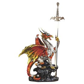 18"H Red Dragon with Sword Sitting Figurine Home Decor Gift