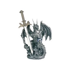 5"H Medieval Silver Dragon Holding Blue Gemstone and Sword Guardian Figurine Home Decor Gift